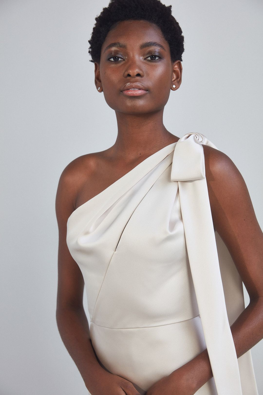 P393S - One-Shoulder Bow Dress - Champagne