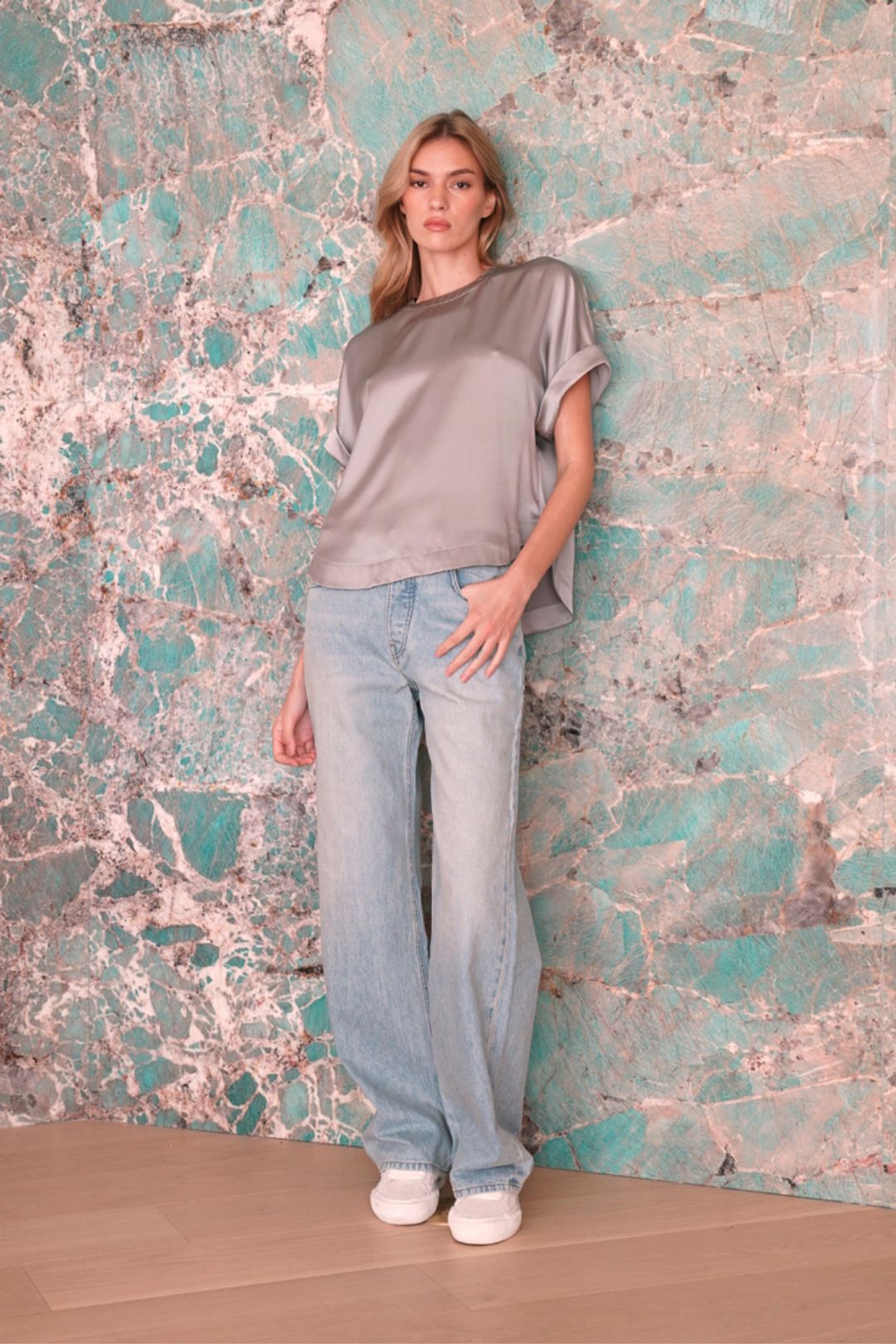 NESSA RELAXED CUFFED SILK T-SHIRT | FOGGY #3