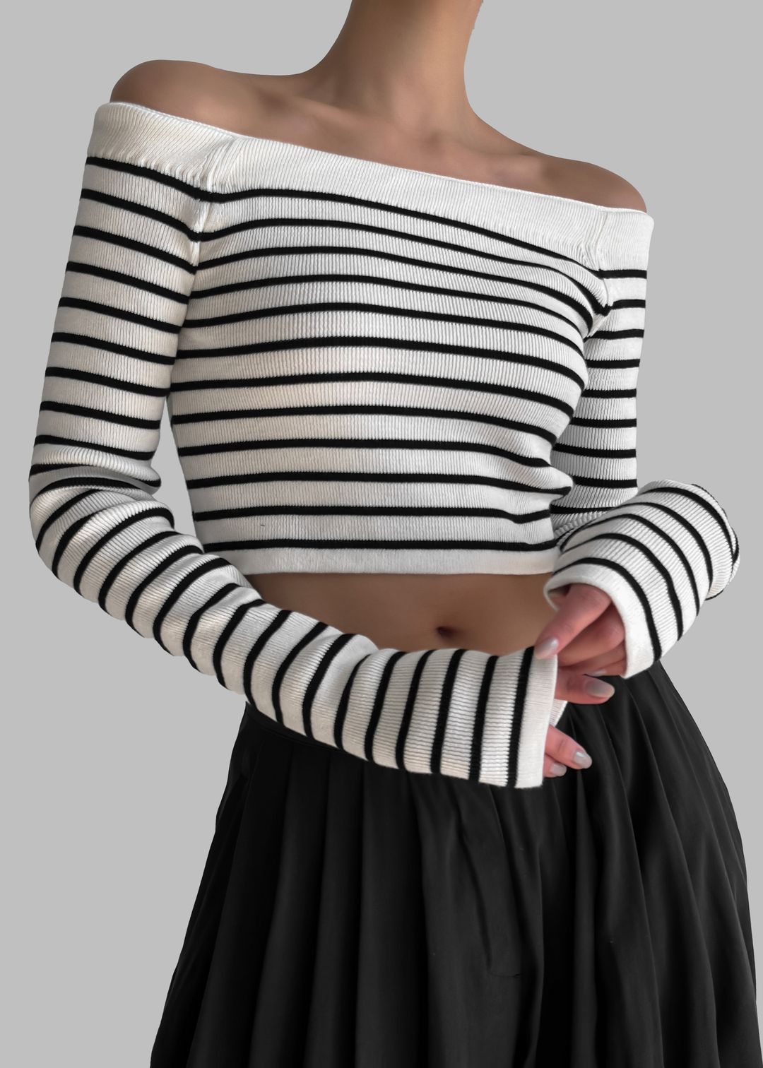 Coco White Off Shoulder Sweater - Black Stripe #8