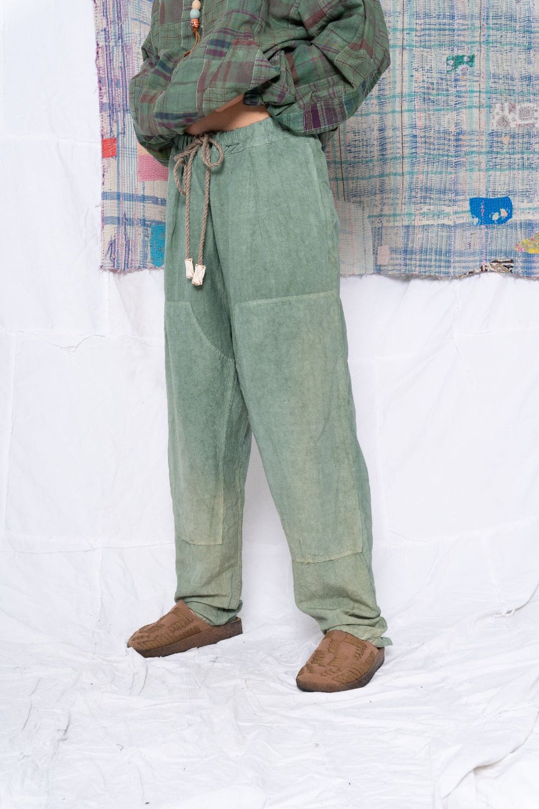 P70 Pleated Easy Pant Wild Silk & Hemp Uneven Dye Sea Green