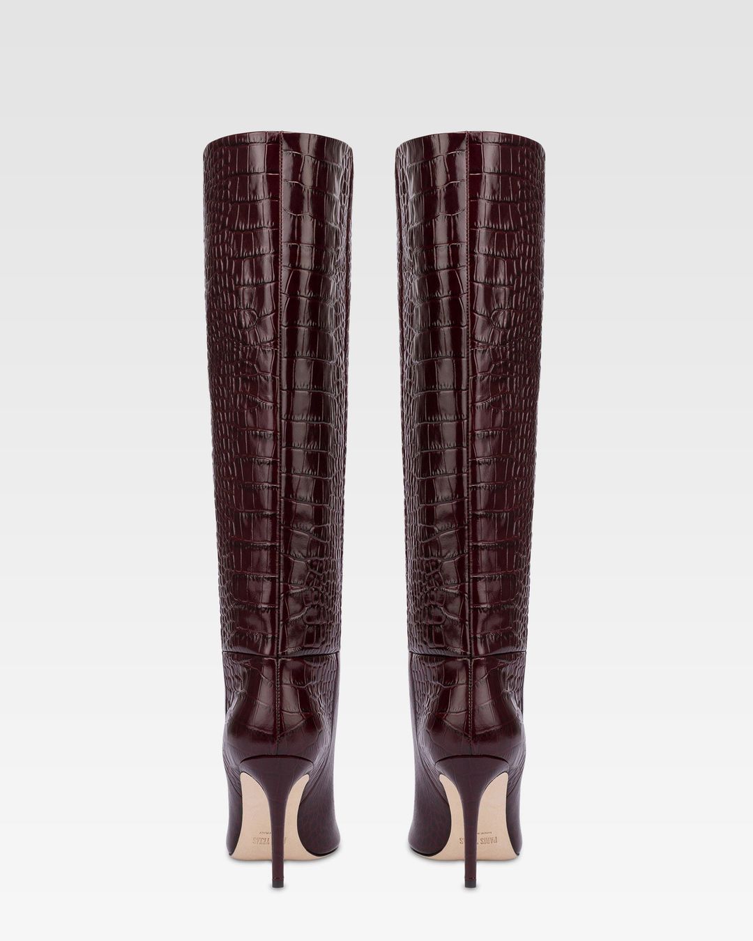 Pointed knee-high boots in rouge noir soft croco-embossed leather #4