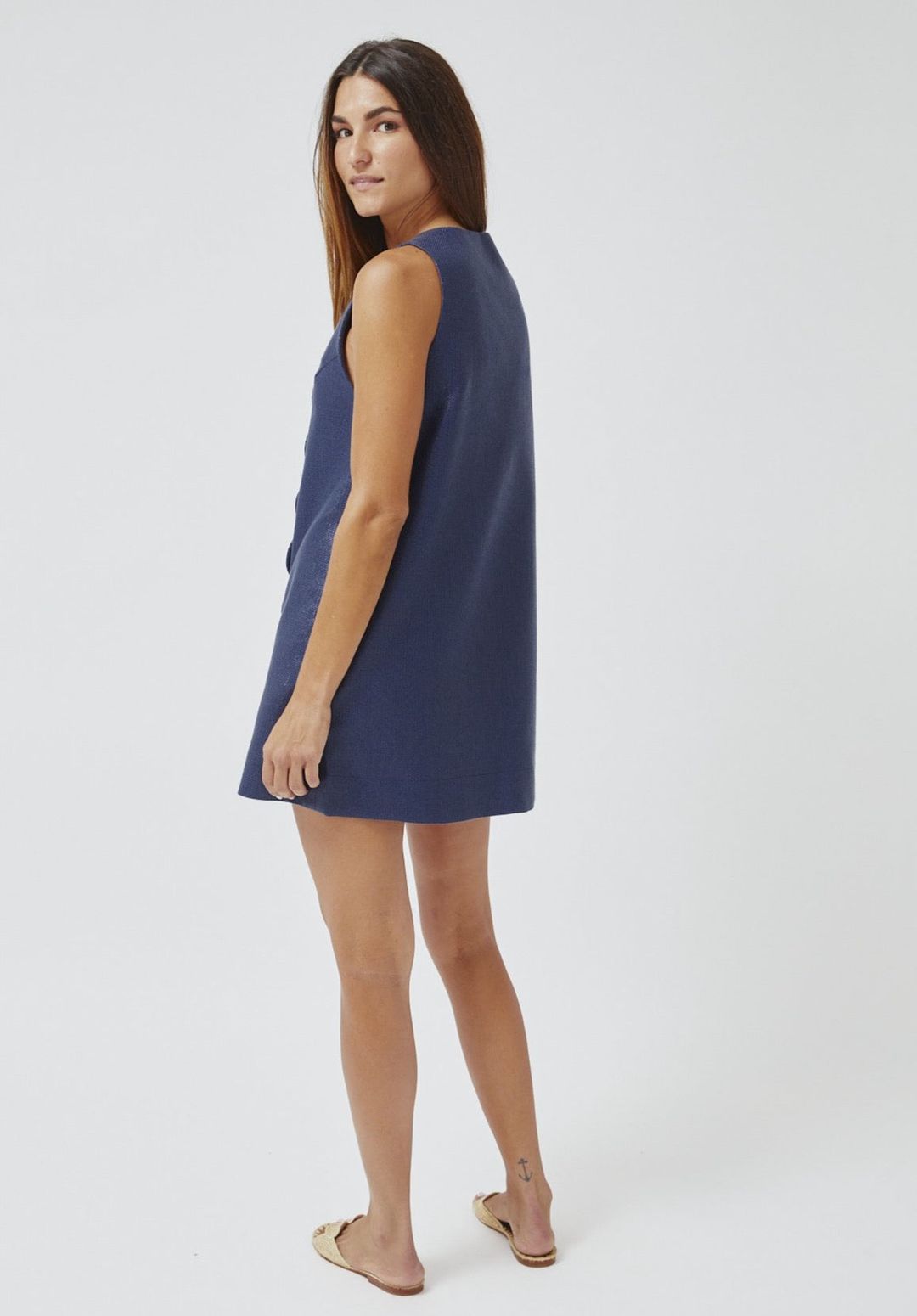 THE SCALLOP MINI DRESS in NAVY WEAVE RAFFIA