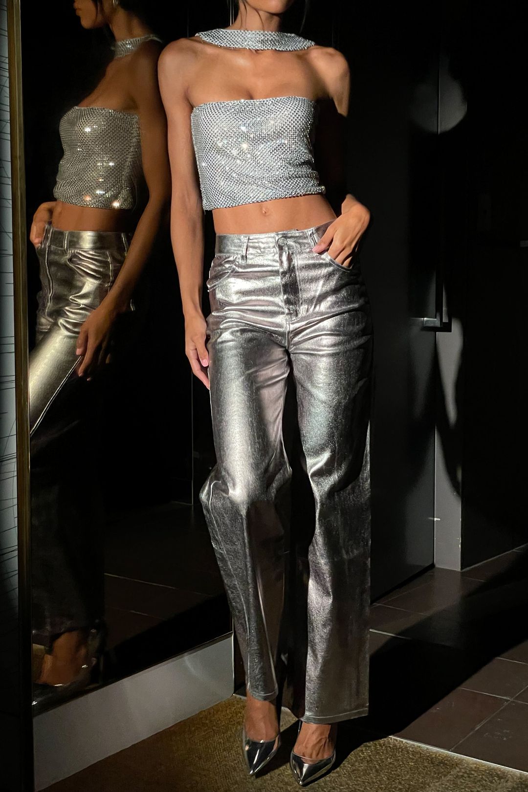 Agnes Diamante Mesh Halter Top - Silver #3