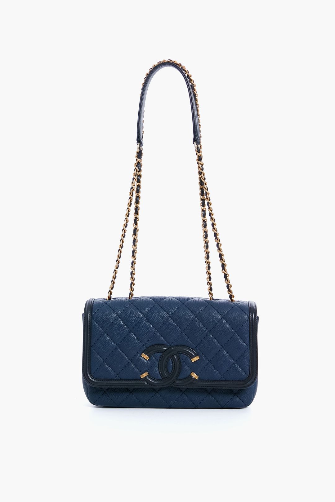 CHANEL Black and Navy Filigree Flap Shoulder Bag #7