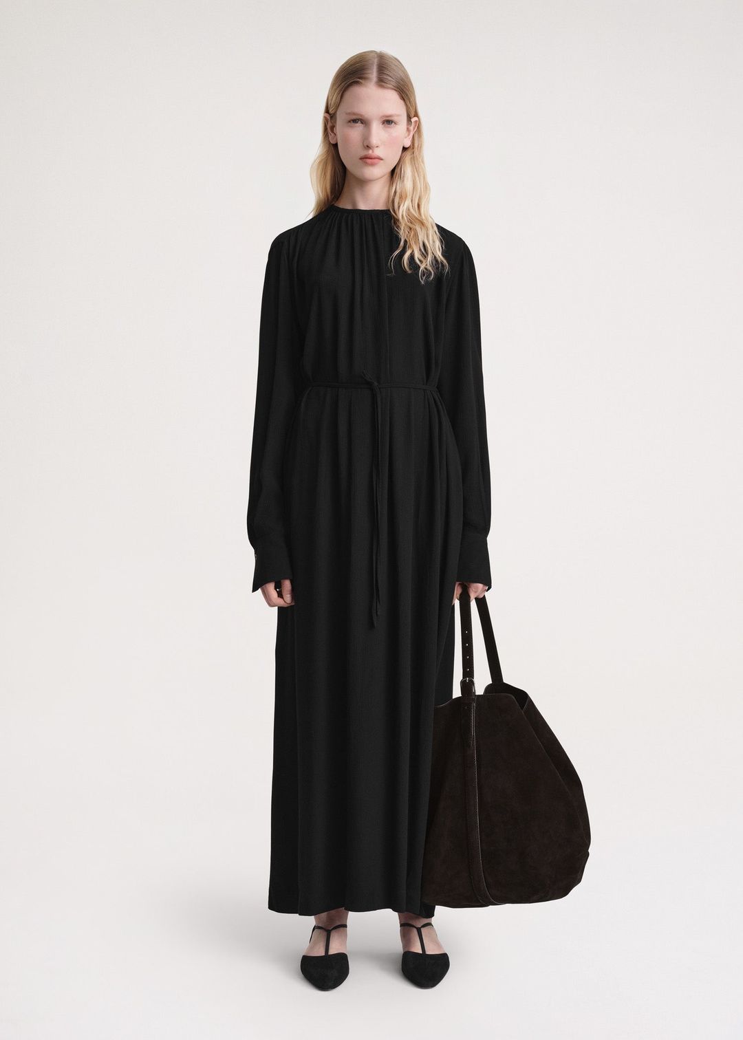 Gathered-neck crepe dress black