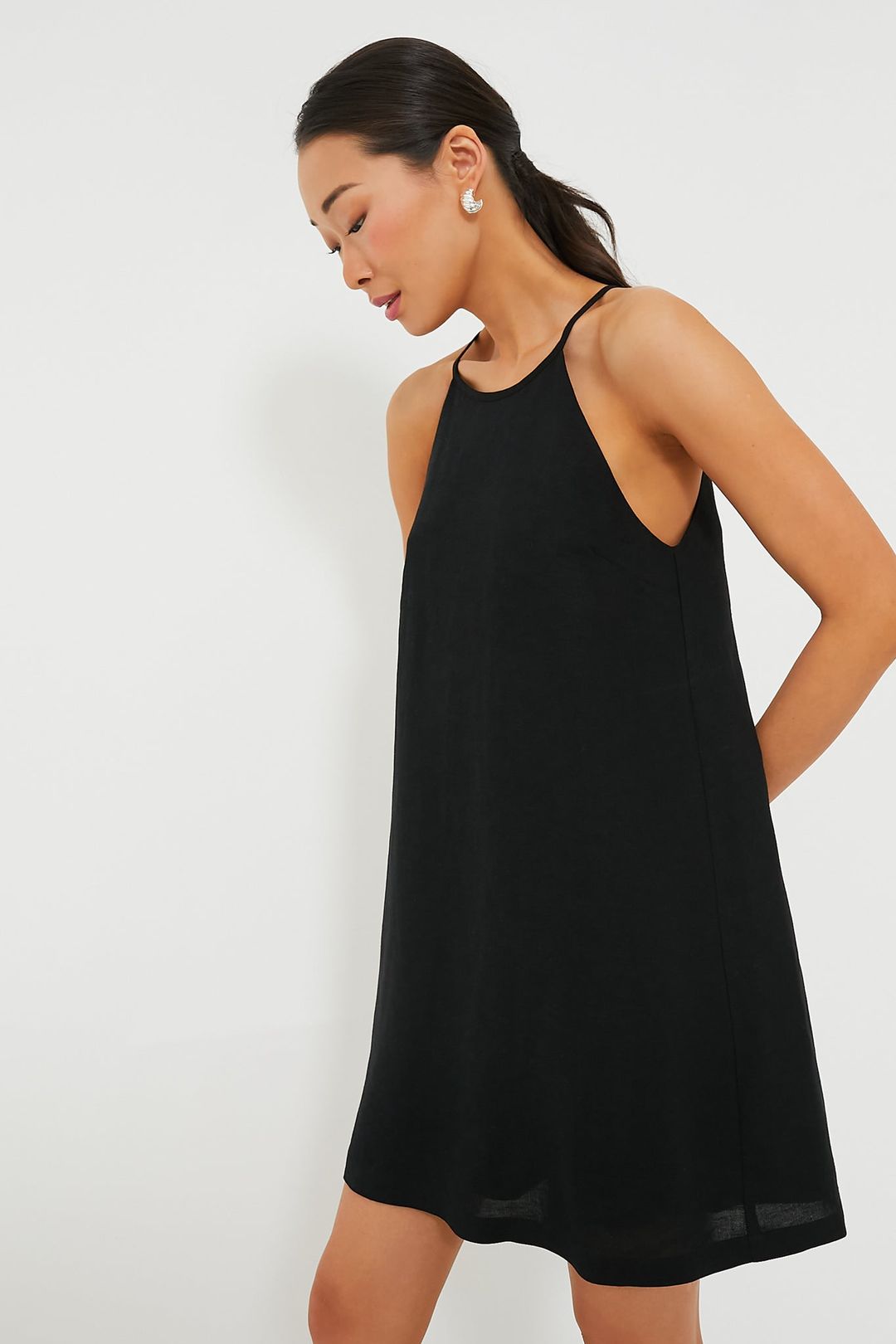 Black Linen High Neck Short Dress #3