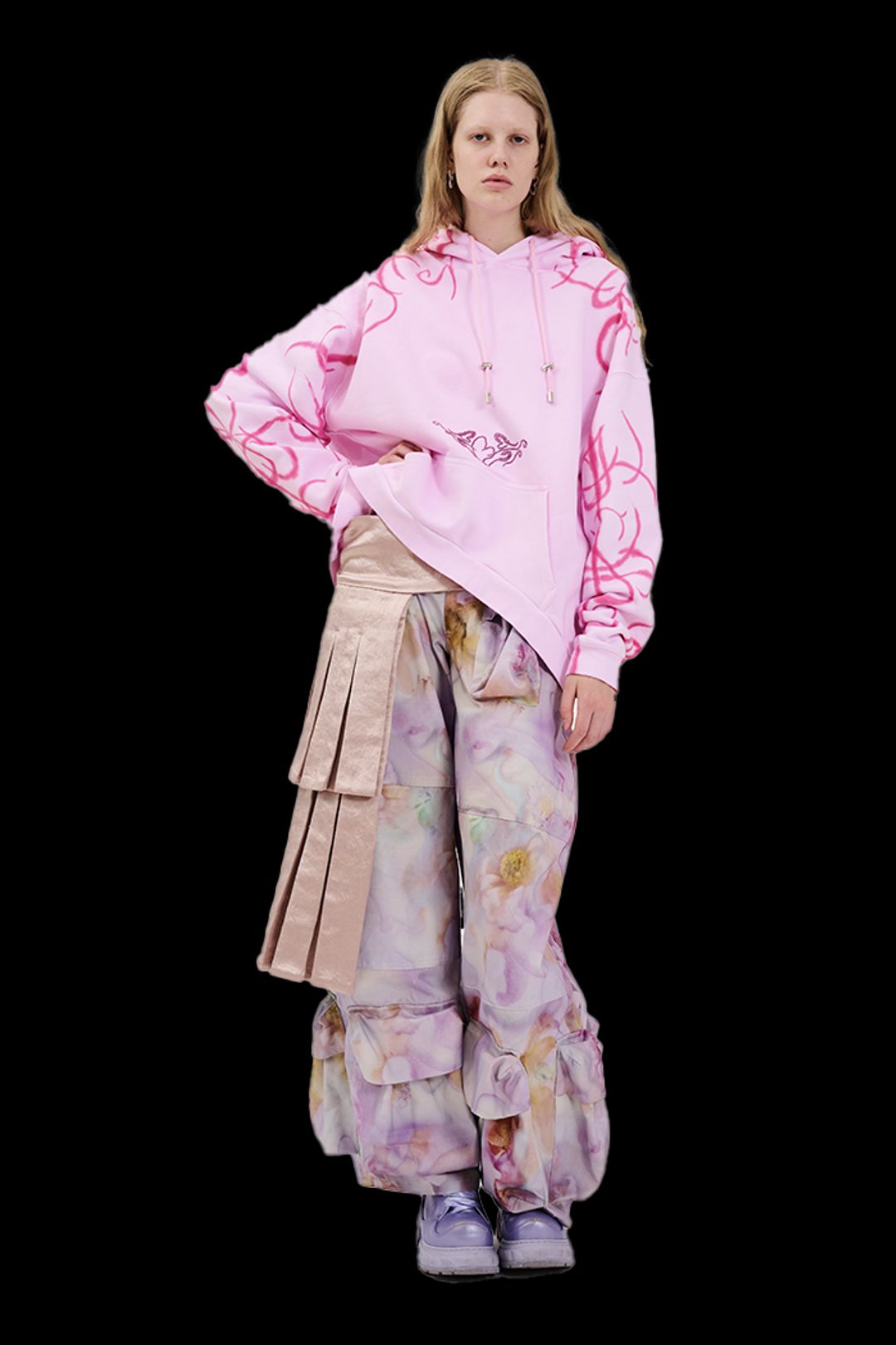 TATTOO PINK RHINESTONE ROUND HEM HOODIE