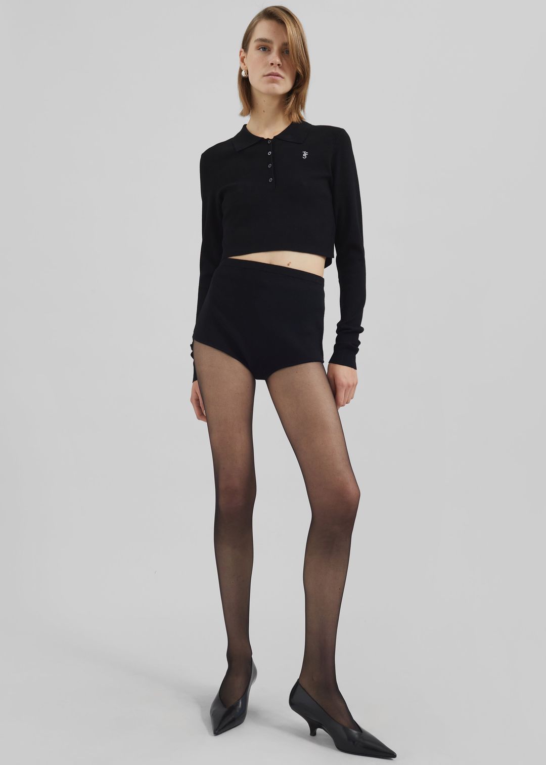 Giselle Cropped Knit Polo - Black #8