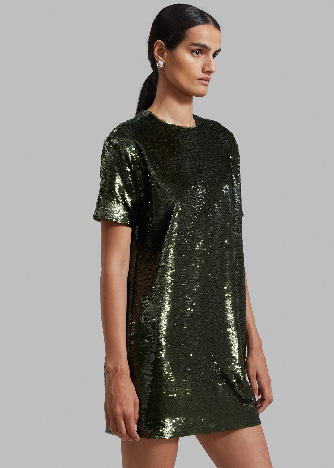 Riley Sequins Tee Mini Dress - Olive