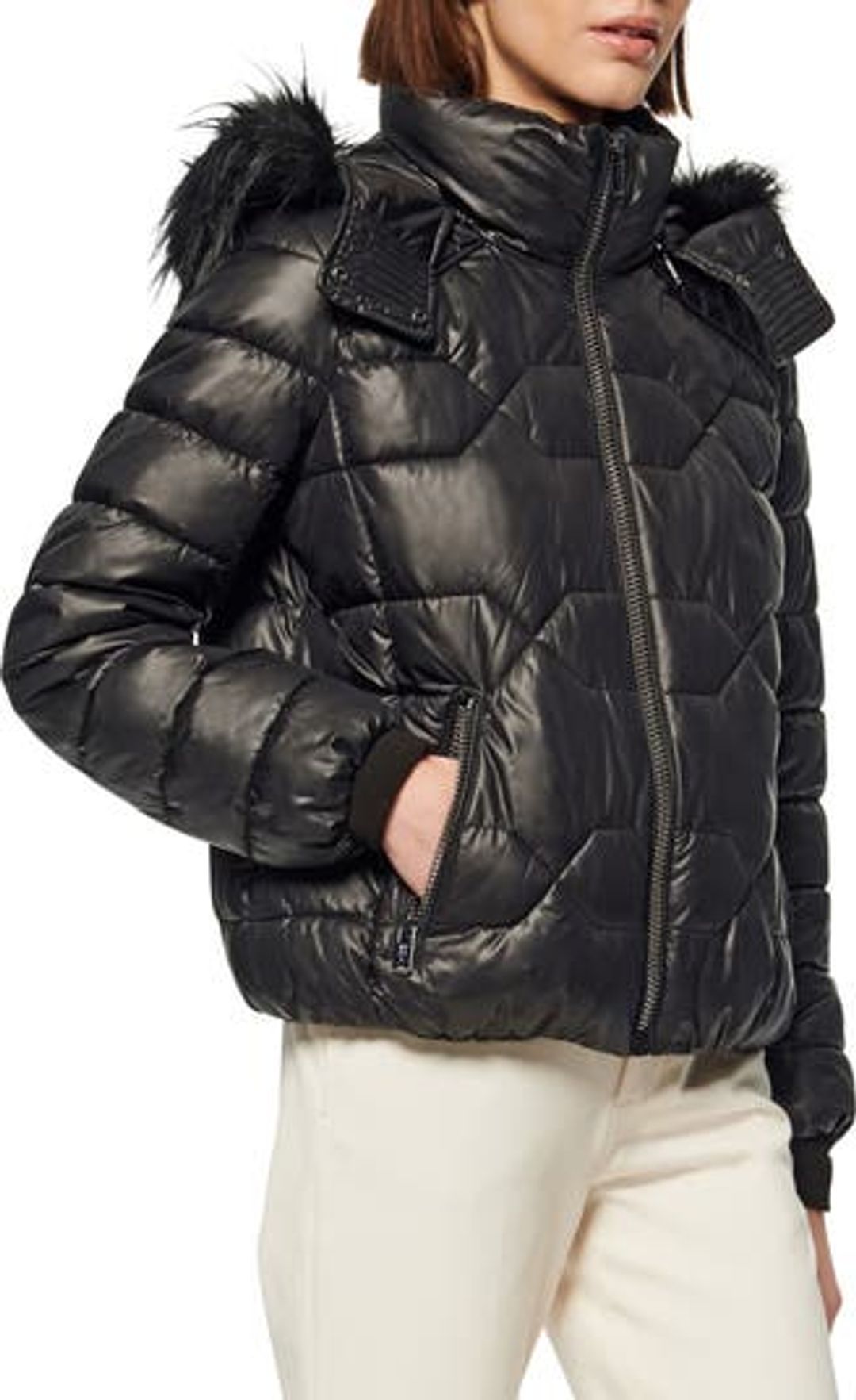 Faux Fur Trim & Feather Puffer Jacket