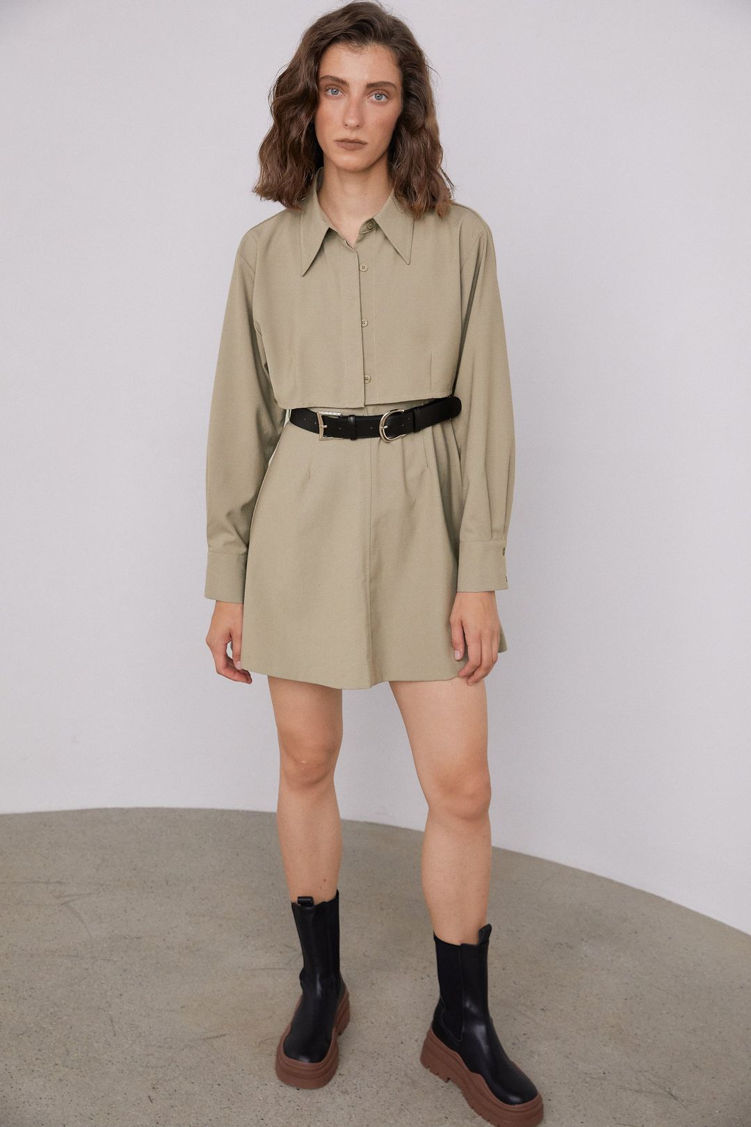 A-Line Double Buckle Belted Dress, Olive Khaki #6