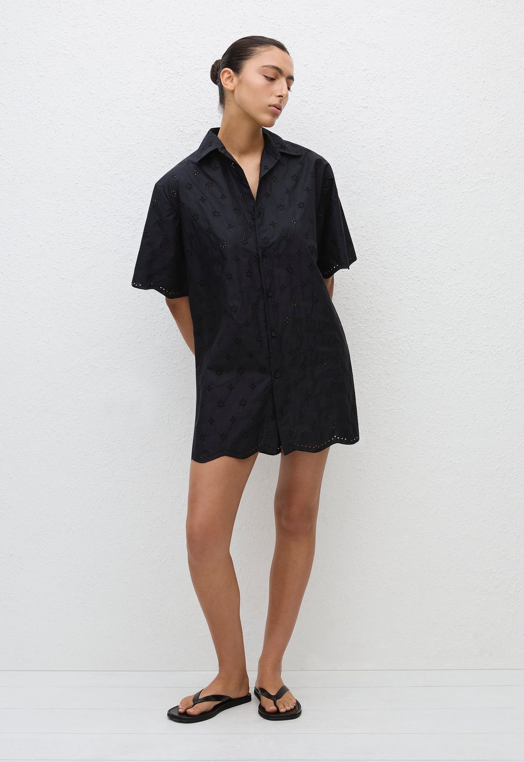 Broderie Mini Shirt Dress - Floral Broderie (Black