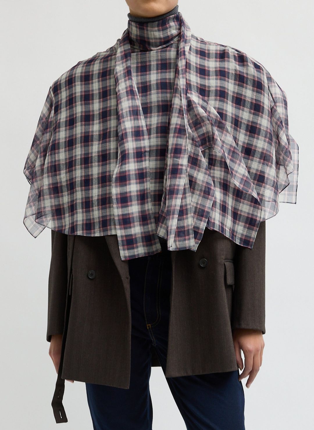 Silk Cotton Plaid Cape Tie Top
