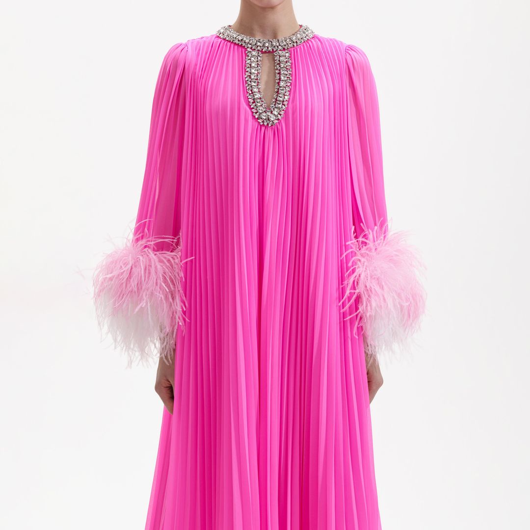 Pink Chiffon Feather Midi Dress #4