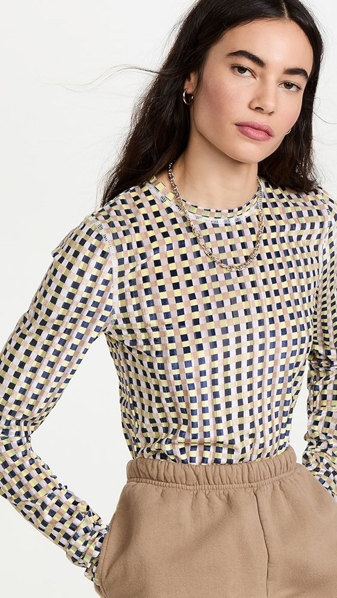 Velvet Devore Long Sleeve Top In Gingham Yellow #3