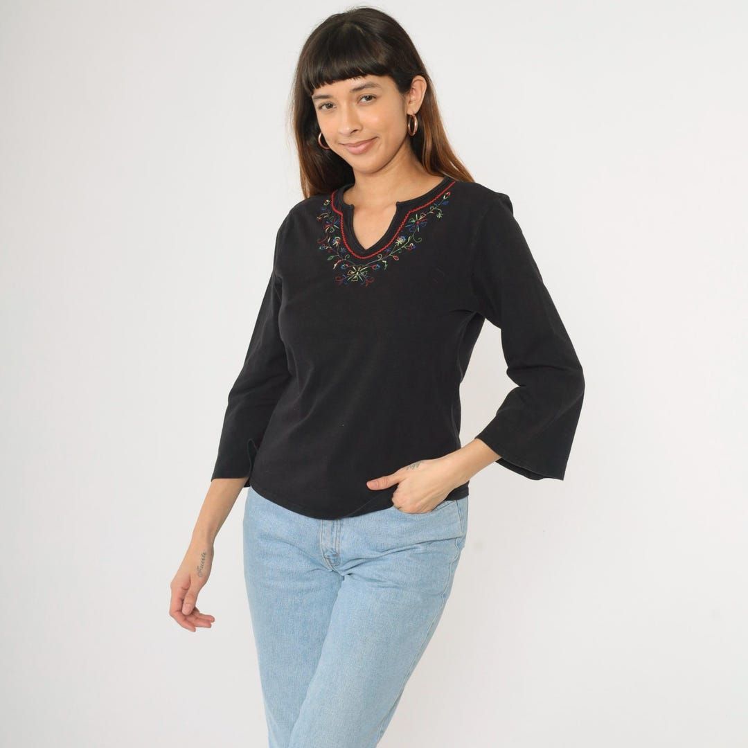 Long Bell Sleeve Embroidered Flower Top #3