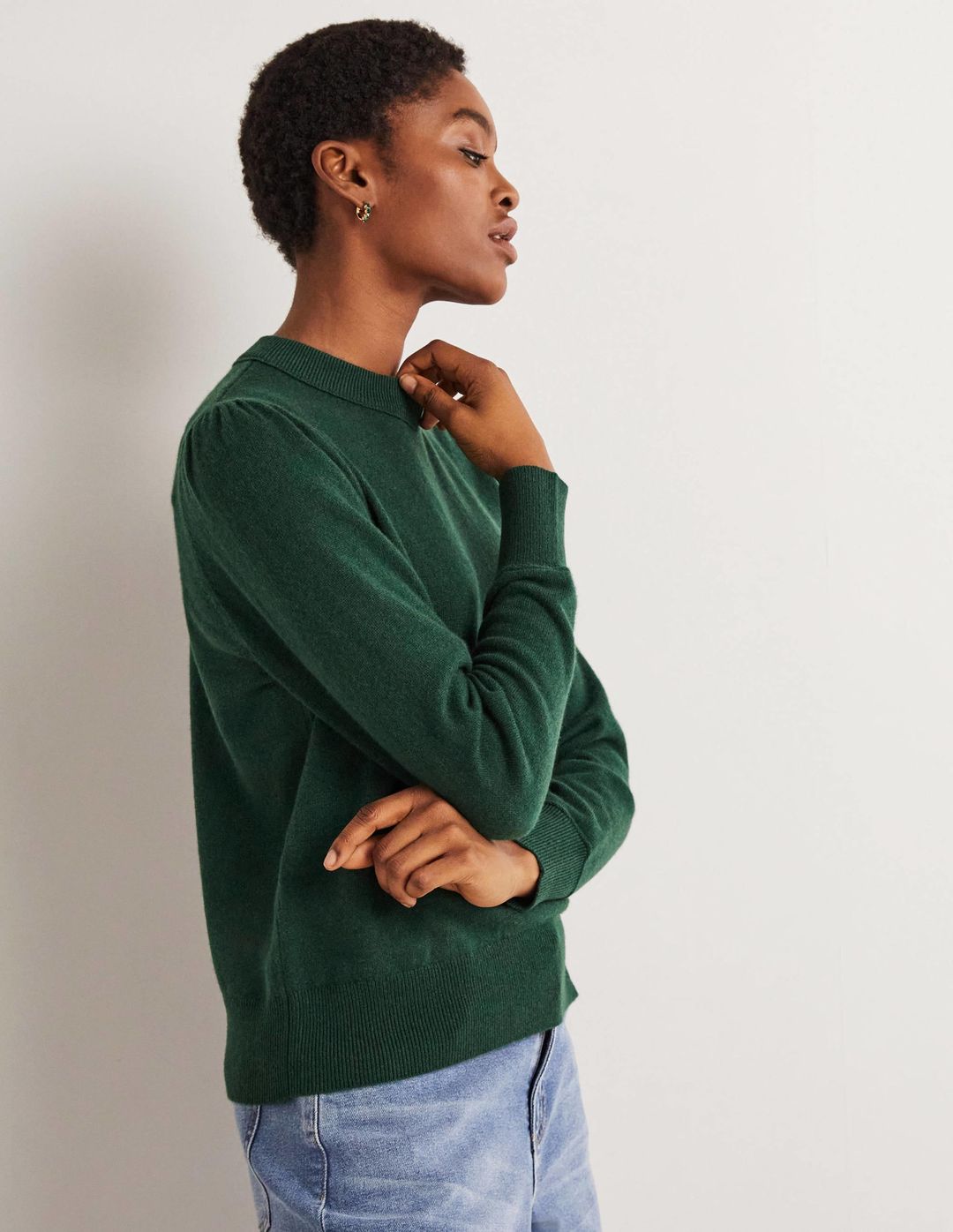 Cashmere Puff Shoulder Sweater-Hunter Green Melange #4