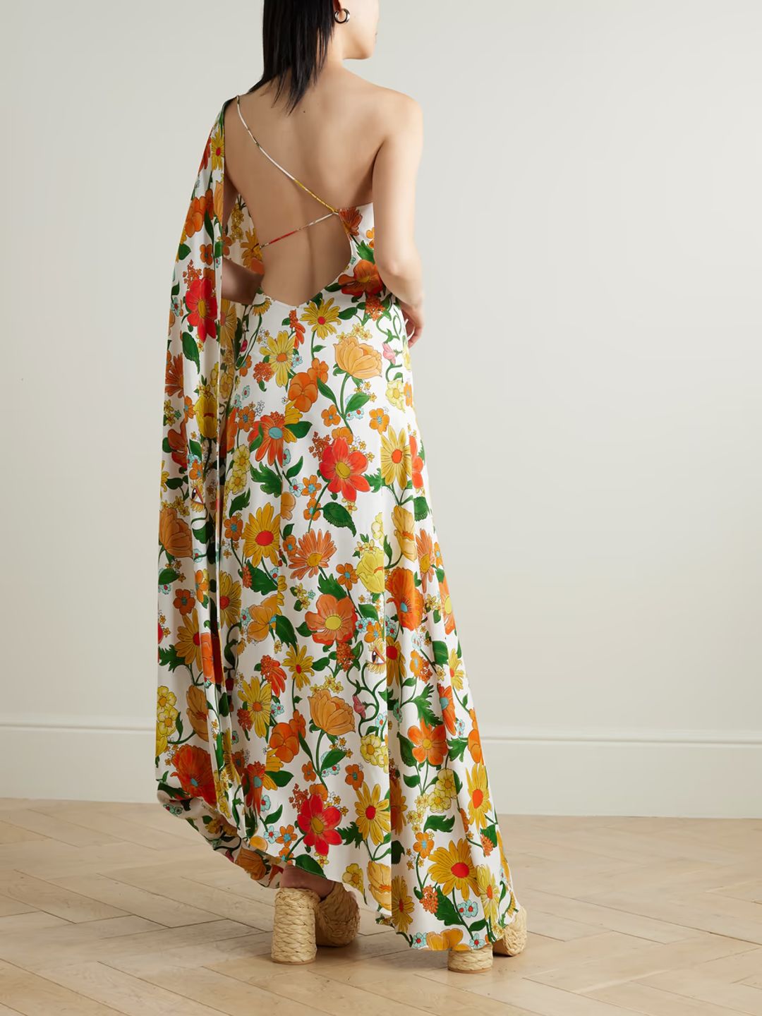 One-shoulder open-back floral-print twill gown #3