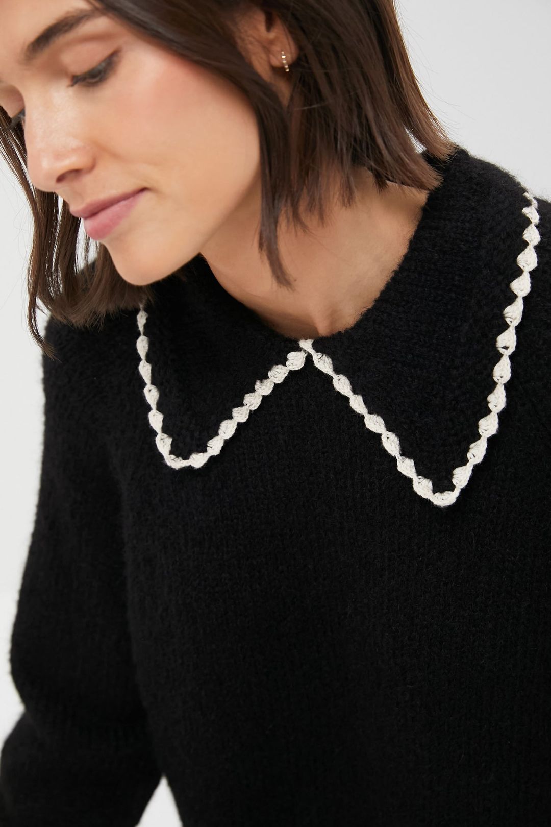 Black with Soft White Crochet Collar Pullover #5