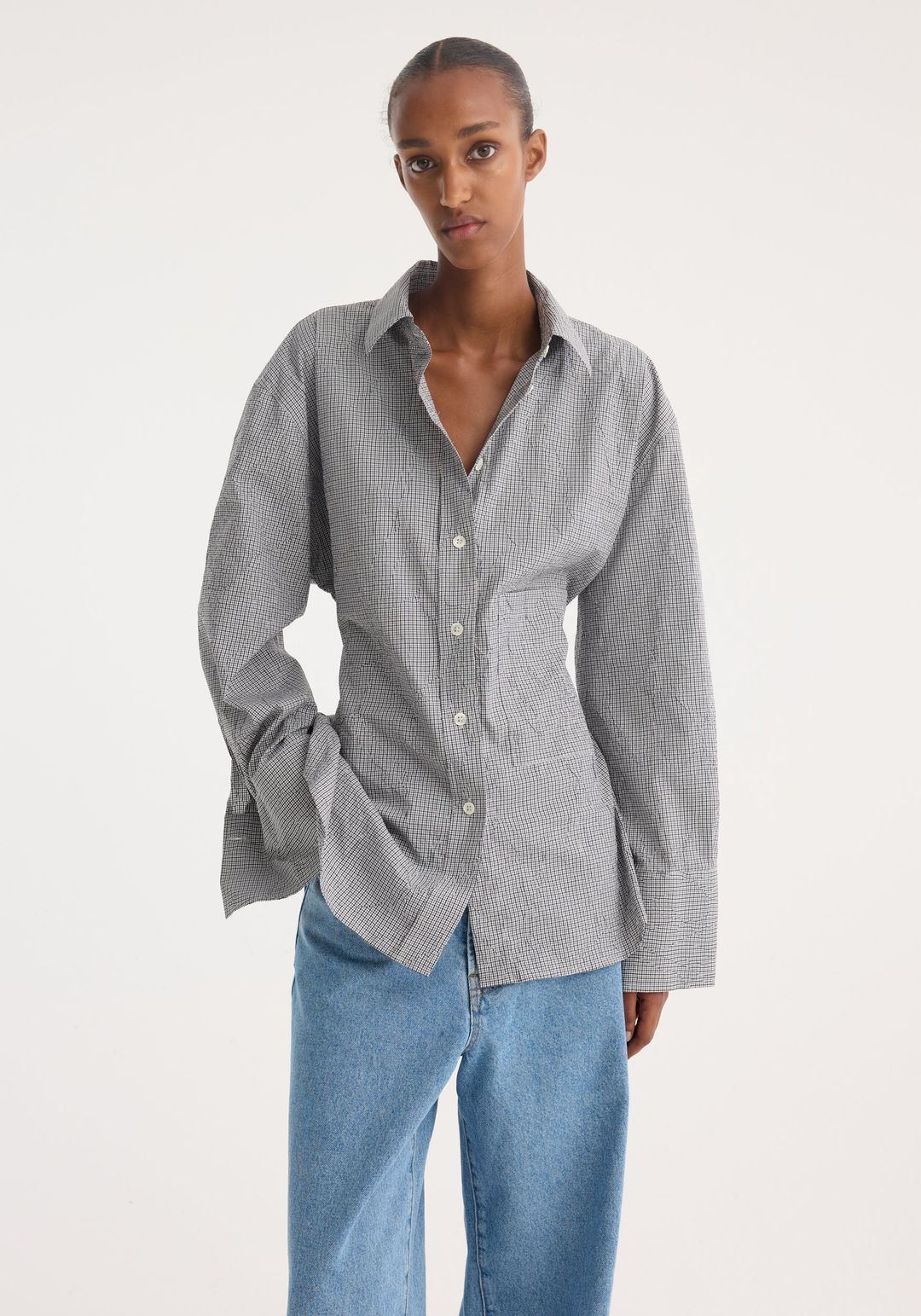 Crushed checked shaped shirt | mini grey check #4