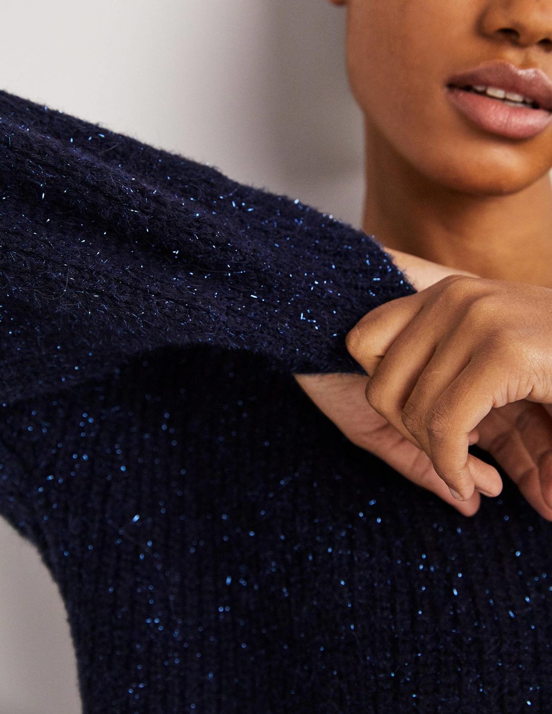 Navy Sparkle Ribbed Fluffy V-Neck Sweater-Navy Sparkle