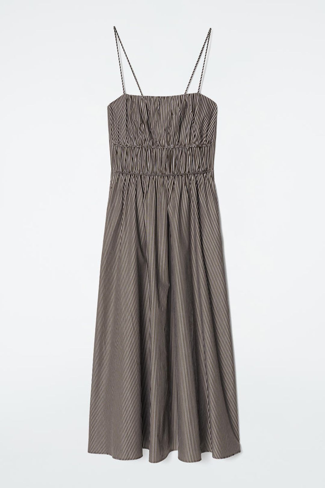 STRIPED GATHERED WAIST MIDI DRESS