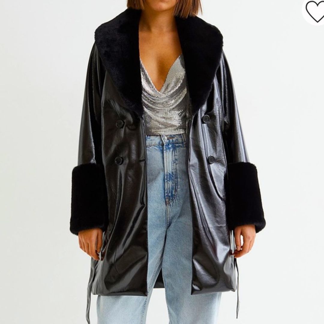 H&M Divided Faux Fur trim Patent Coat goth vintage Halloween