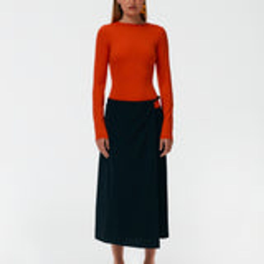 Tropical Wool Pleated Leather Wrap Skirt