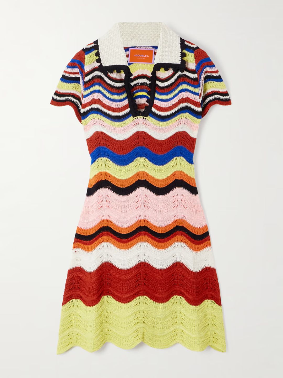 Scalloped striped pointelle-knit cotton mini dress