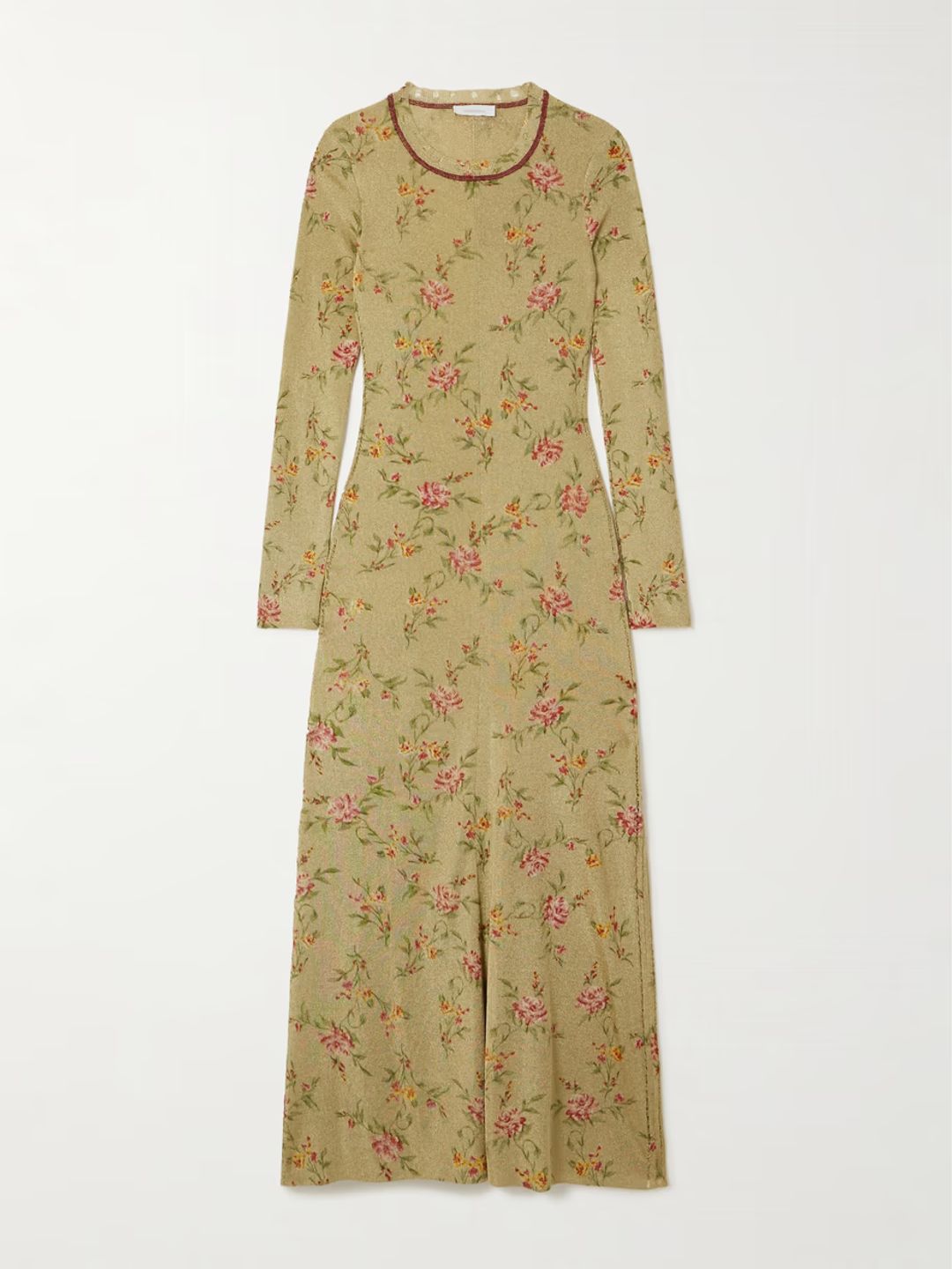 Distressed floral-print metallic knitted maxi dress