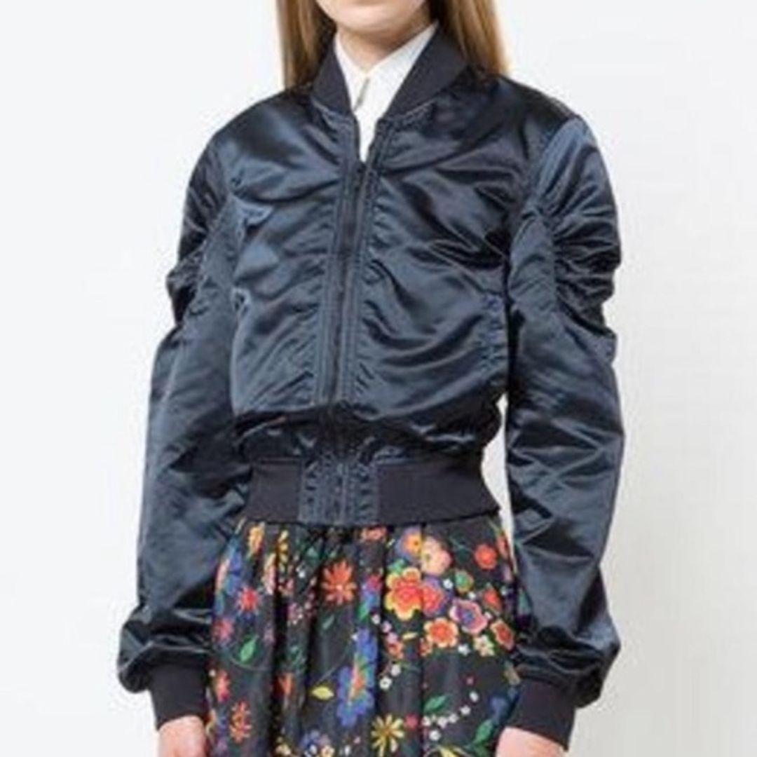Tibi Navy Blue Cropped Zip Up Bomber Jacket