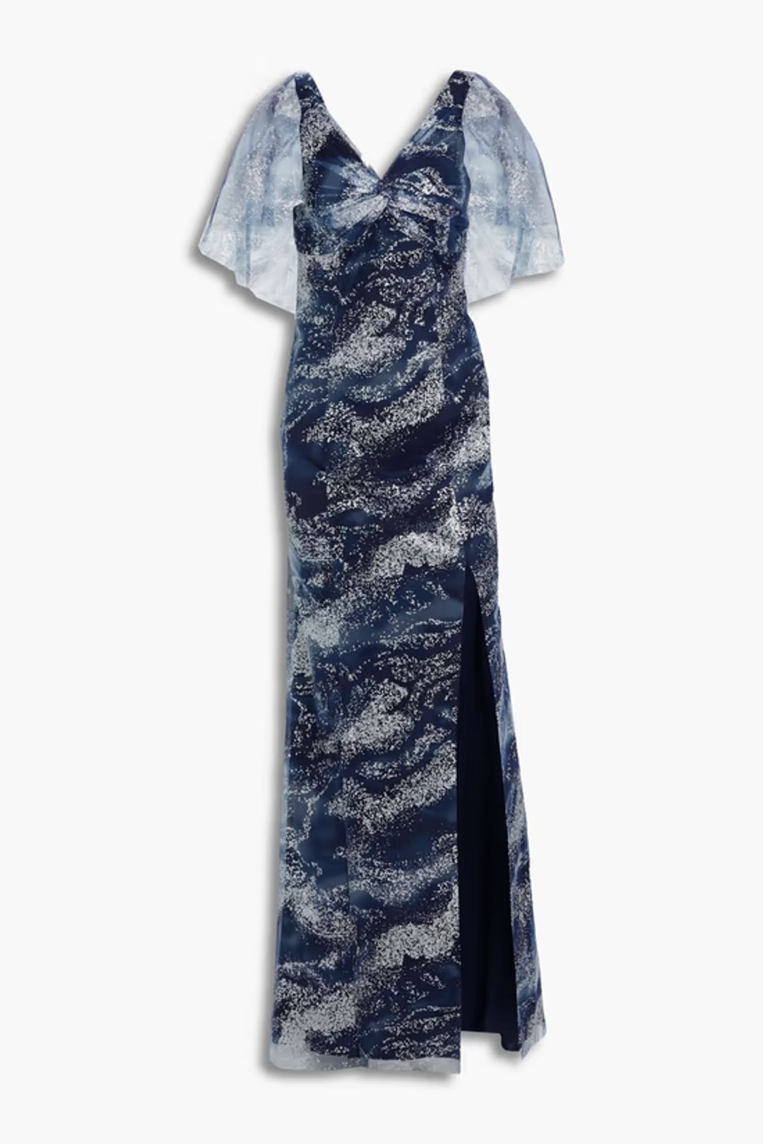 Twist-front glittered printed tulle gown