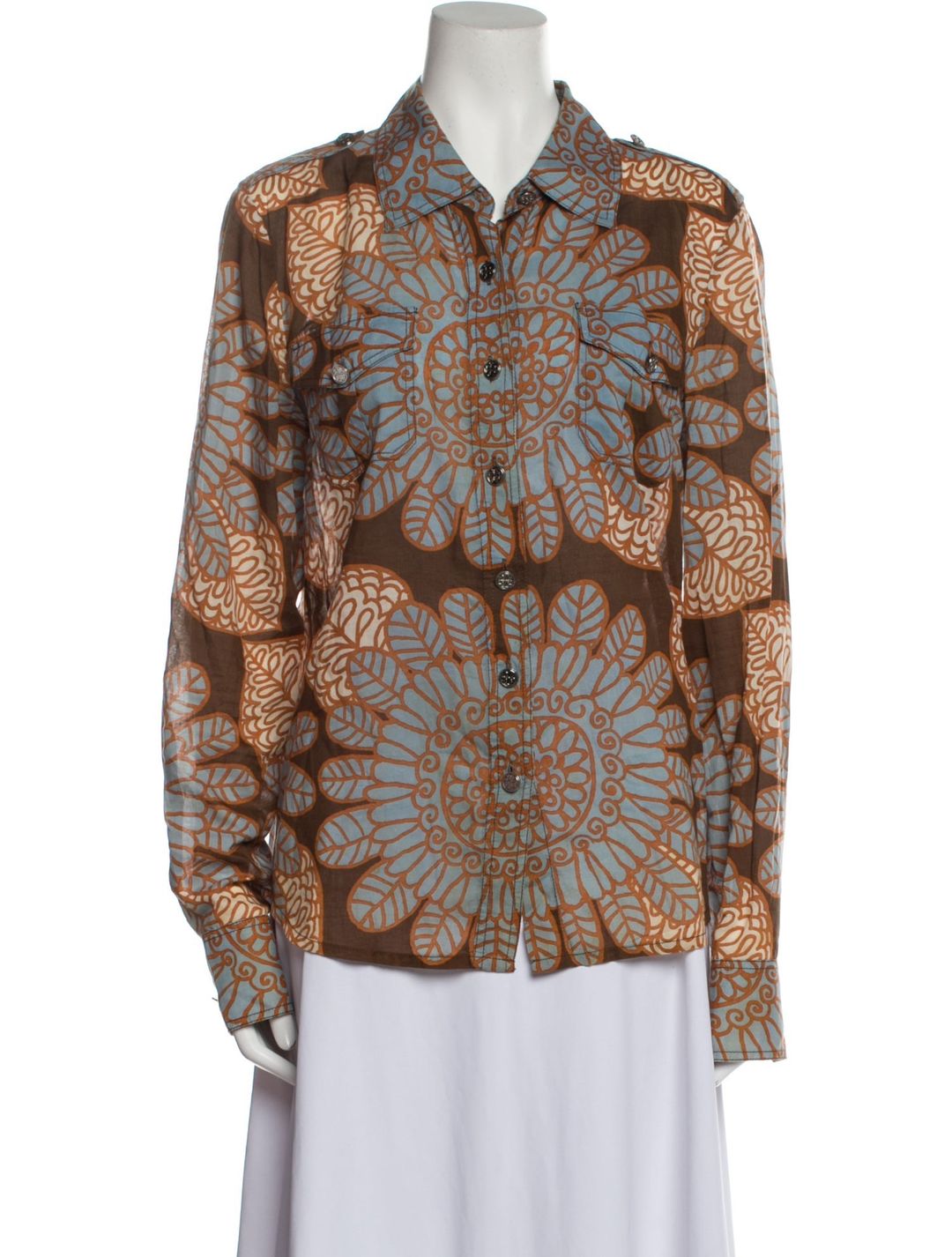 Printed Long Sleeve Button-Up Top