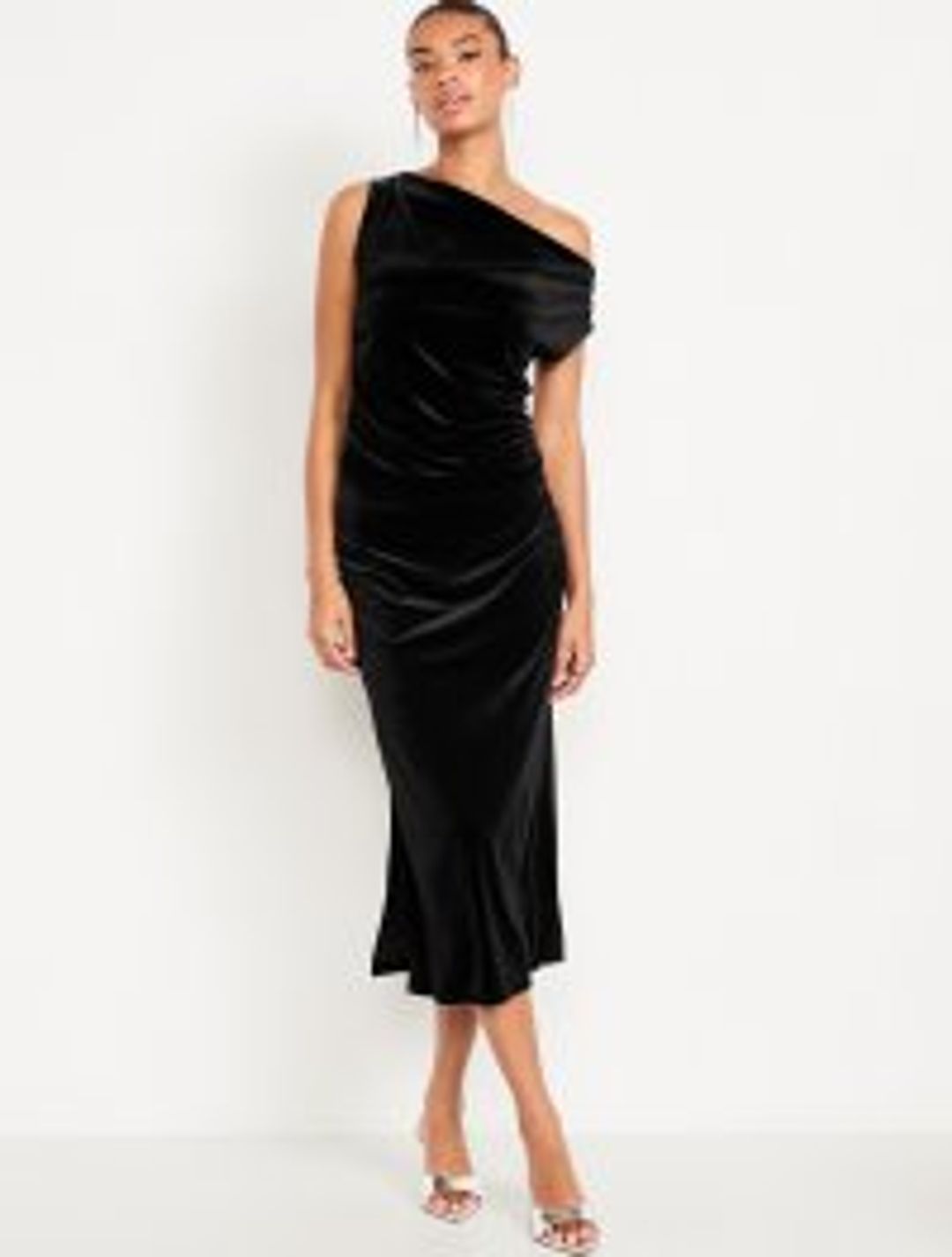 High-Waisted Ruched Velvet Midi Skirt