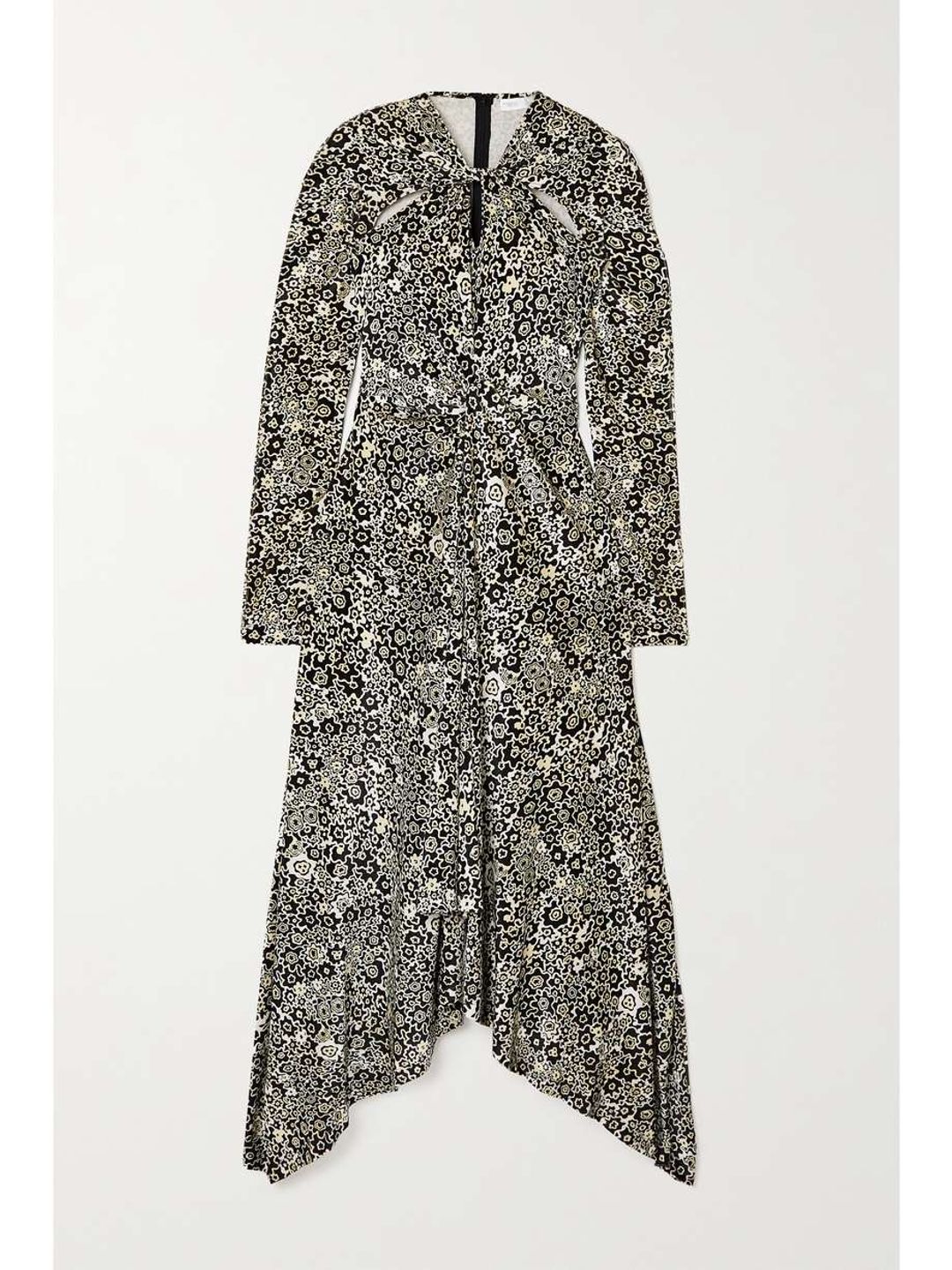 Asymmetric twist-front floral-print stretch-velvet dress