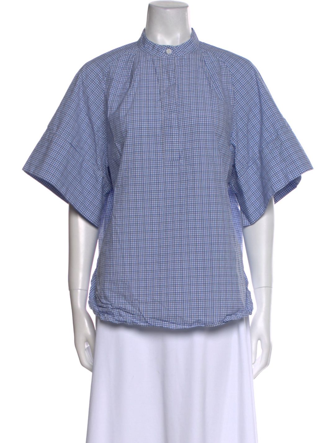 Tibi Plaid Print Mock Neck Button-Up Top