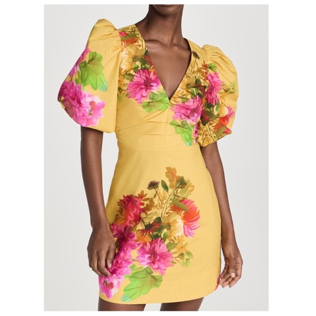 Cara Cara Aliza Yellow Floral Cream Gold Mini Dress Puff Sleeve