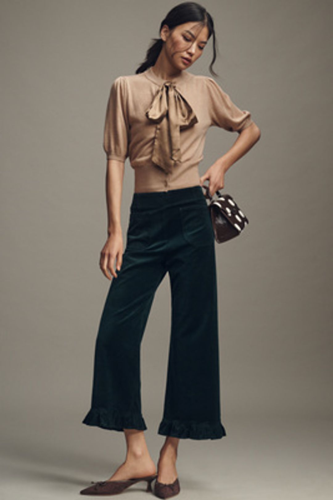 The Colette Crop Velvet Ruffle-Hem Pants