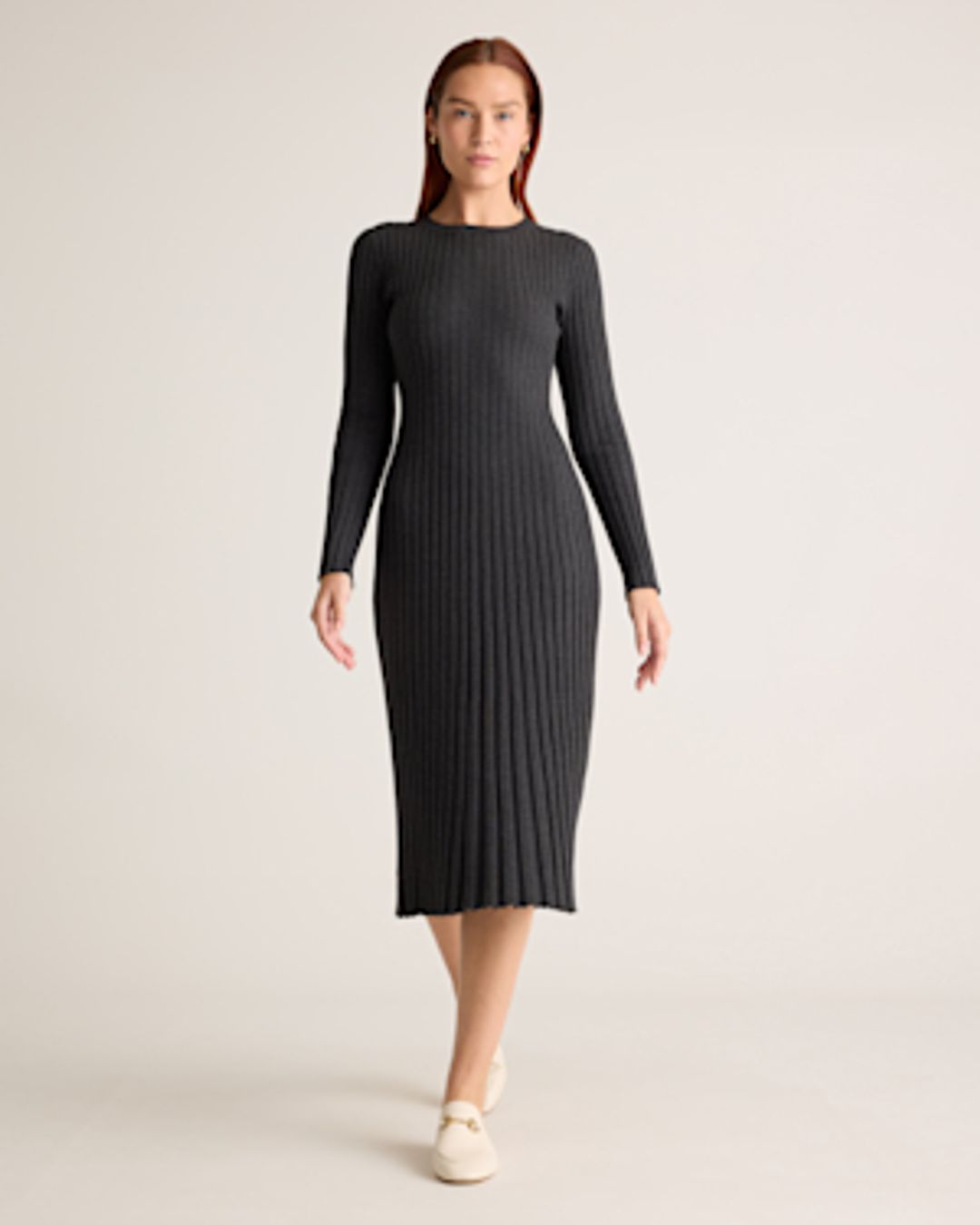 Cotton Cashmere Ribbed Long Sleeve Crew Midi Dress
