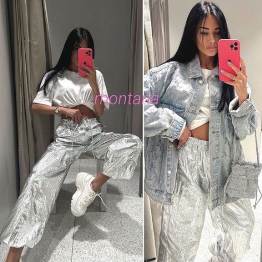 New Zara Shiny Parachute Mid Rise Pants Trousers