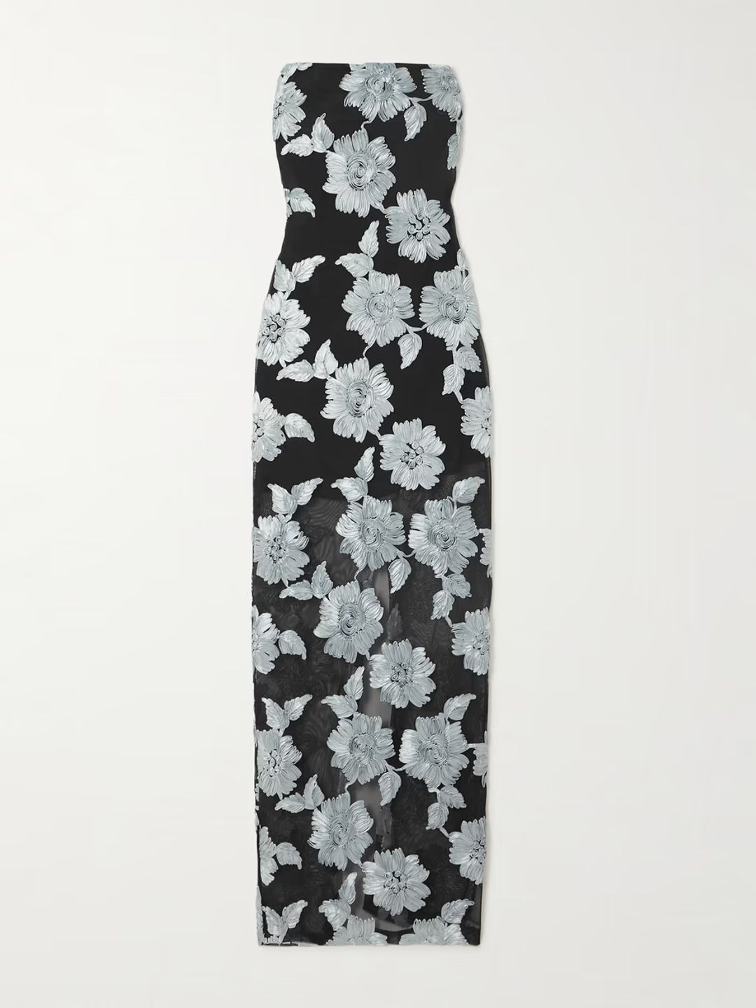 Strapless appliquéd recycled-mesh and satin maxi dress