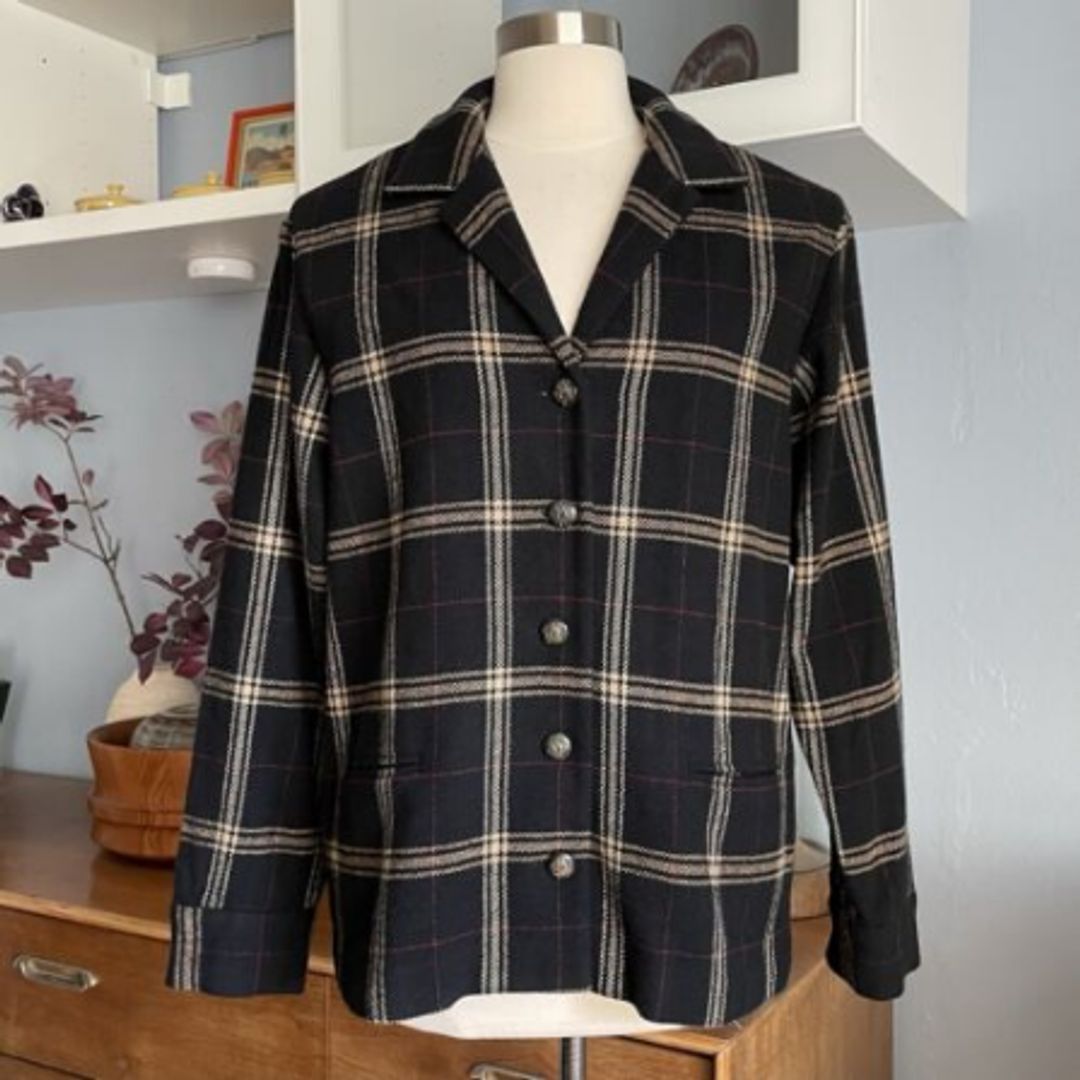 Wool Tartan Plaid Jacket Equestian Buttons Suede Elbow Patches