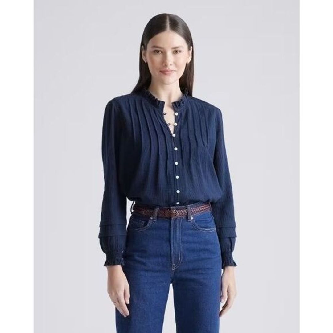 Womens Organic Textured Cotton Peasant Blouse Sleeved Top