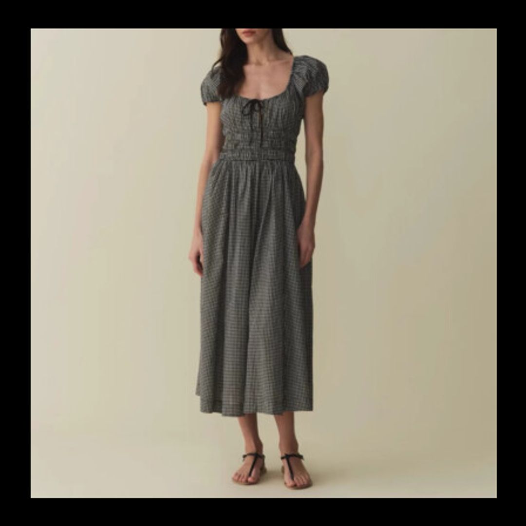 Women Doen Checked Puff Sleeve A-line Midi Dress