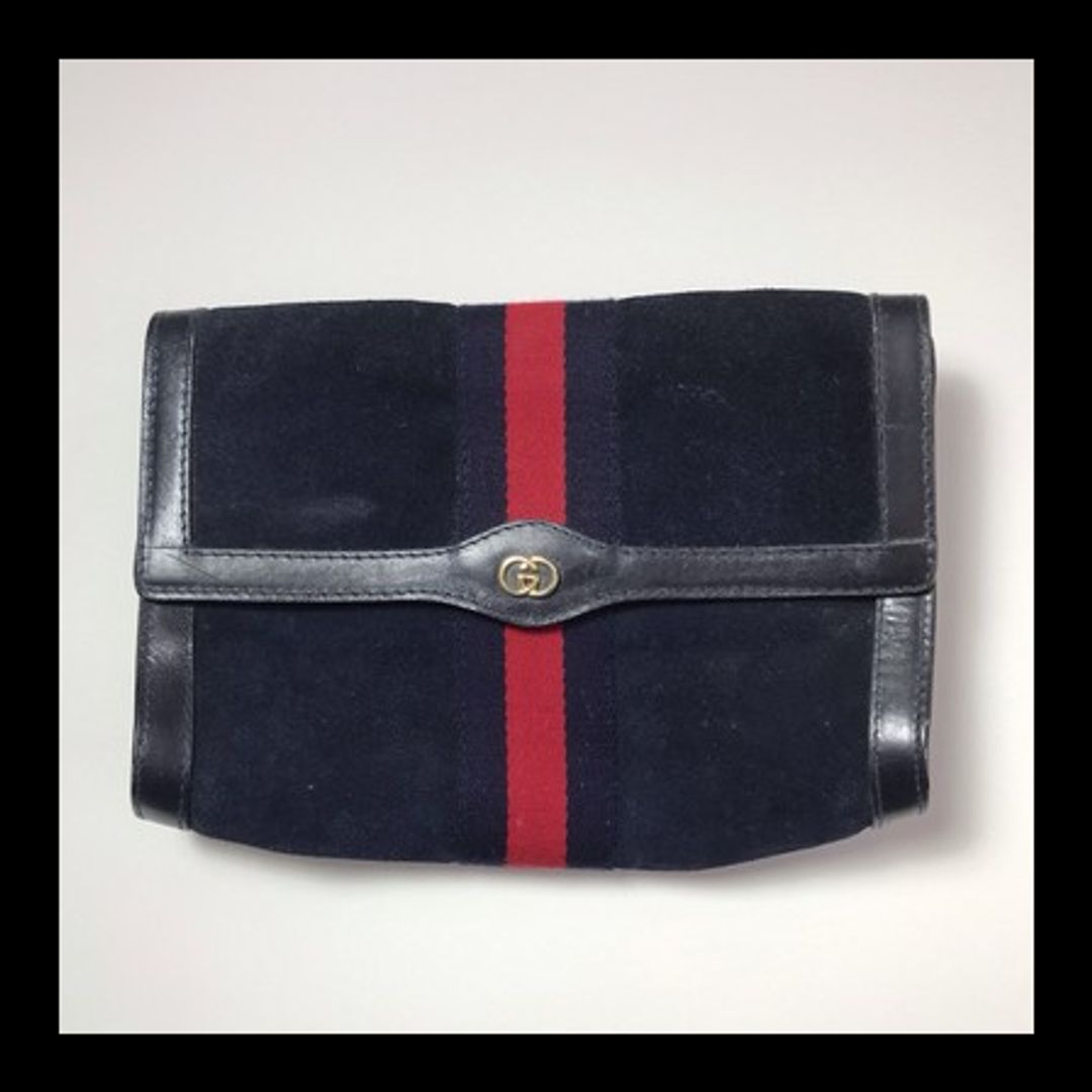 Vintage Gucci Navy Blue Suede Gold GG Sherry Line Stripe Leather Clutch
