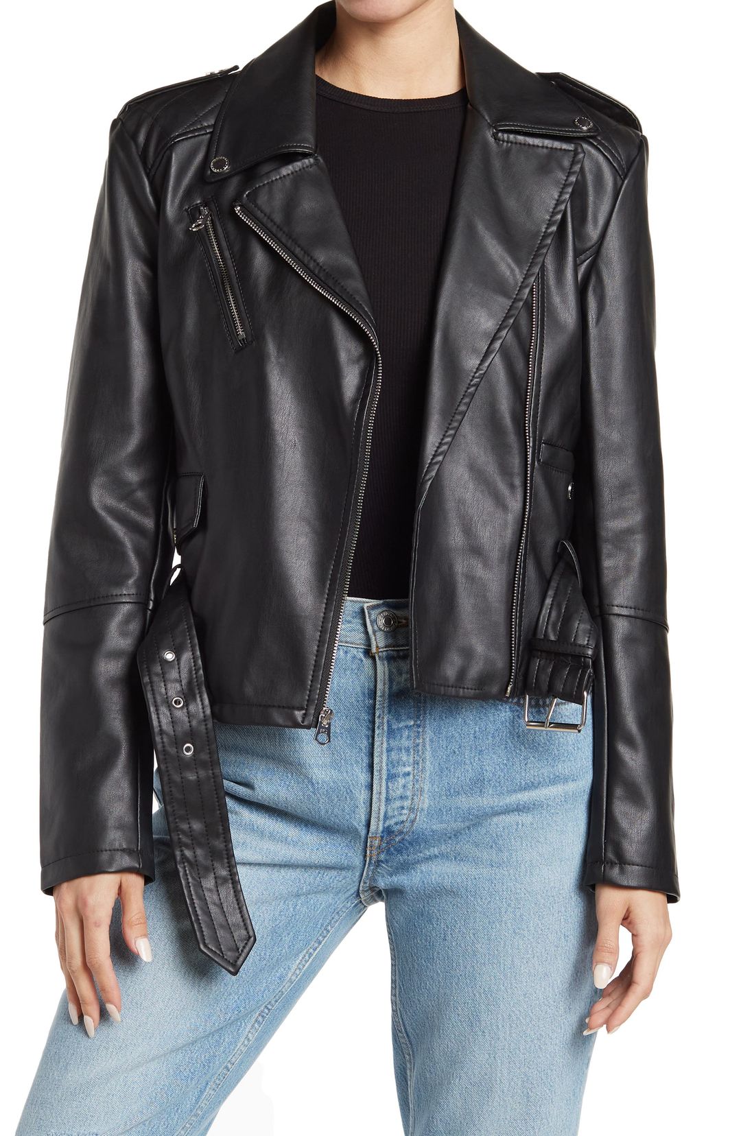 Faux Leather Belted Moto Biker Jacket #2