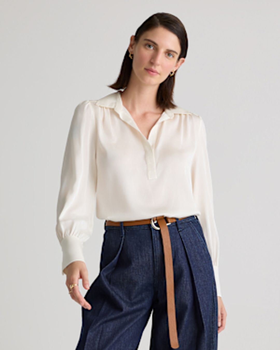 Washable Stretch Silk Split Neck Blouse