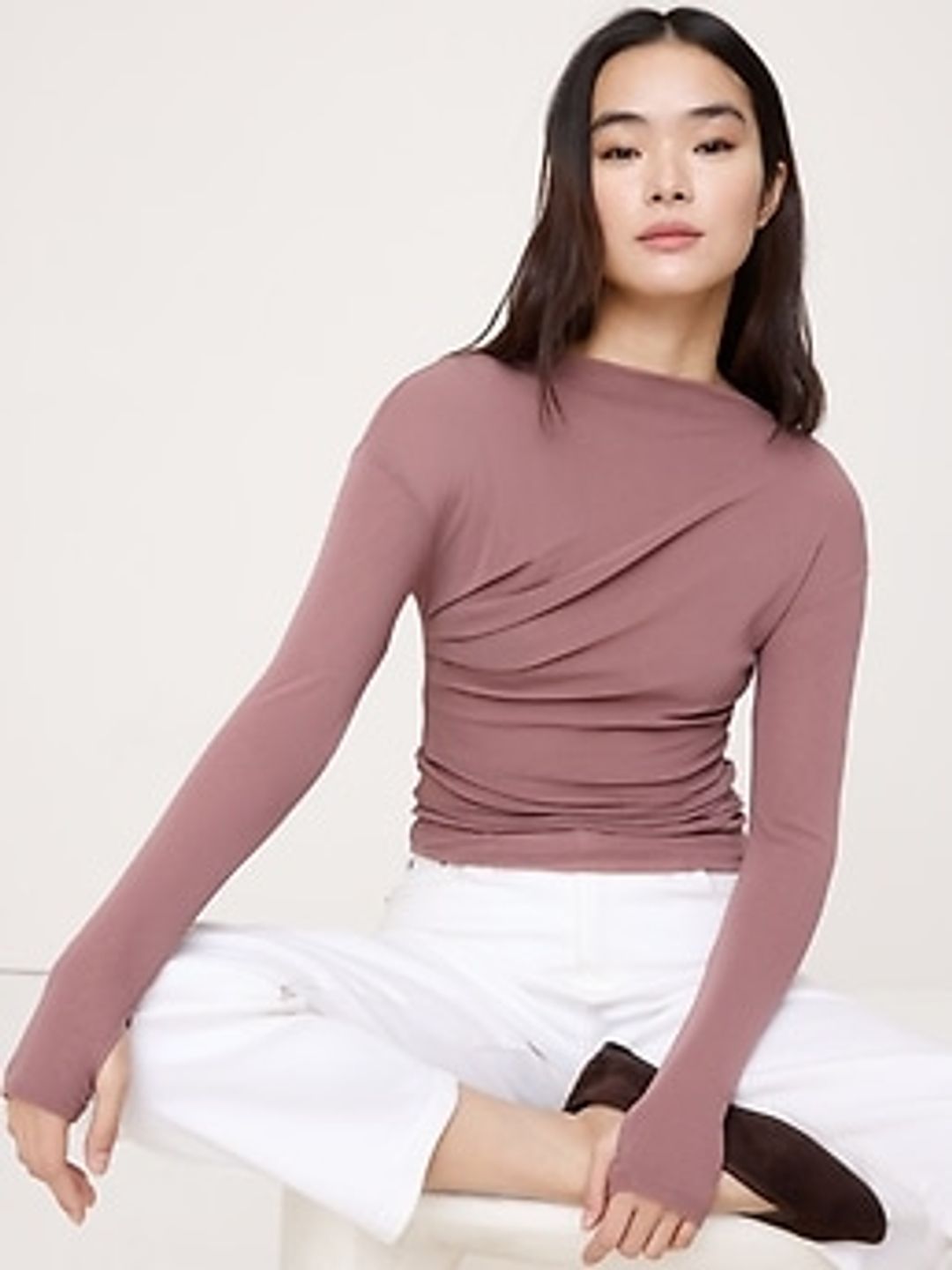 Ruched Mesh Boatneck Top