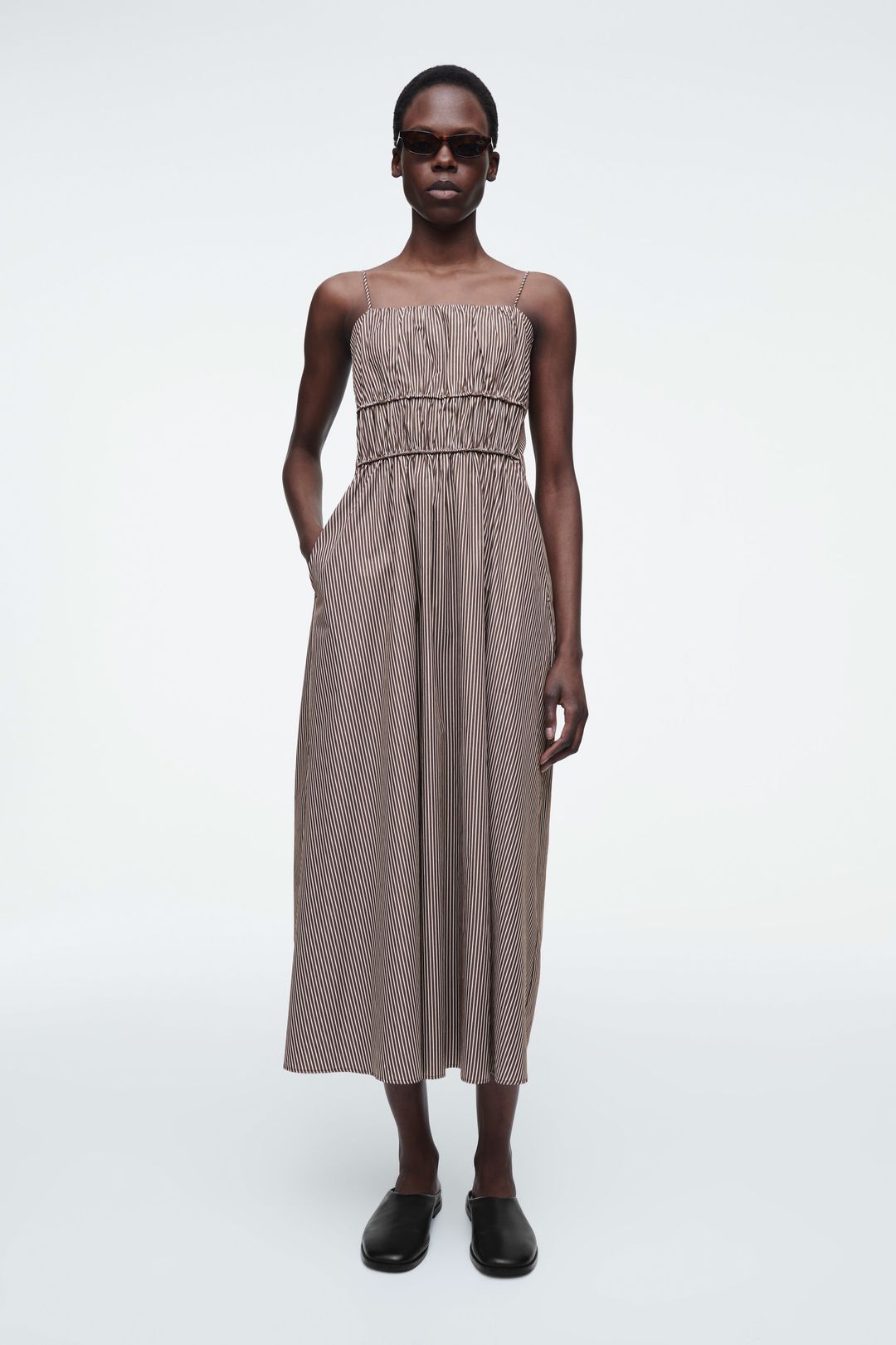 STRIPED GATHERED WAIST MIDI DRESS