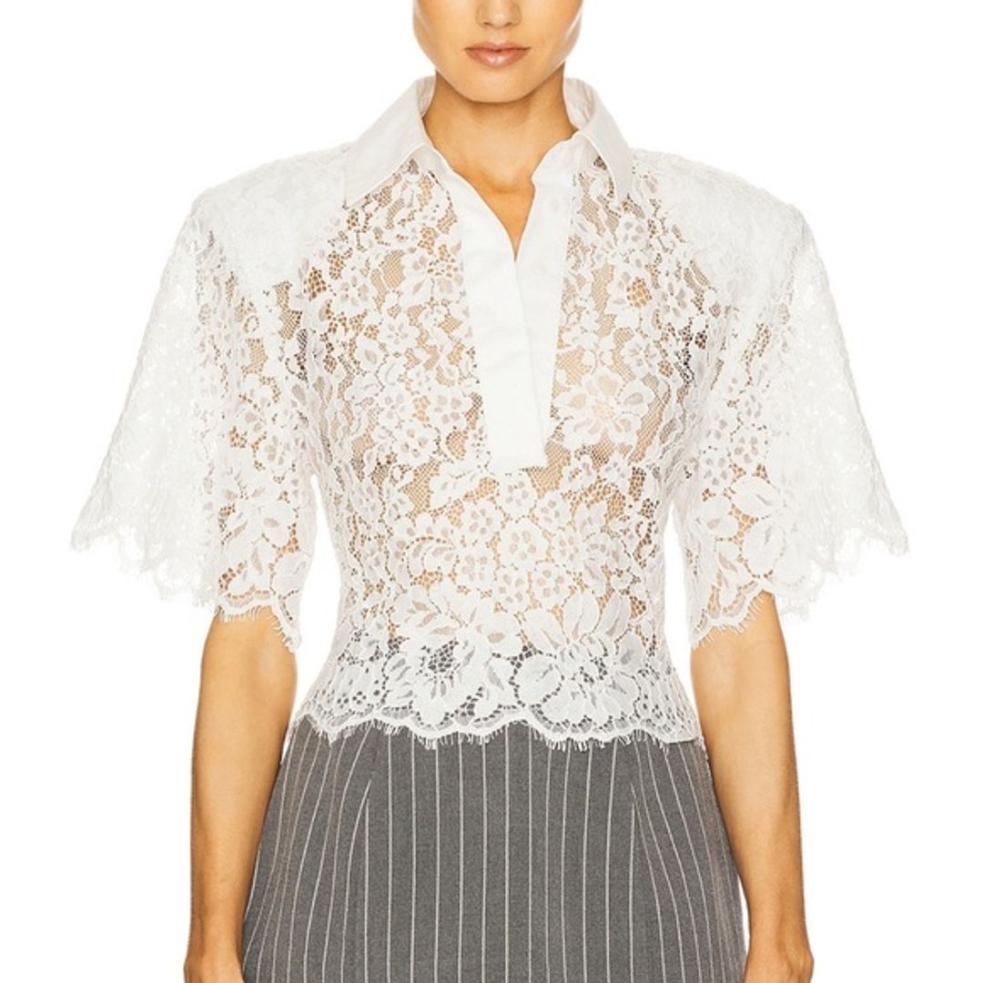 Helsa White Lace Button Down Shirt w/ Shoulder Pads